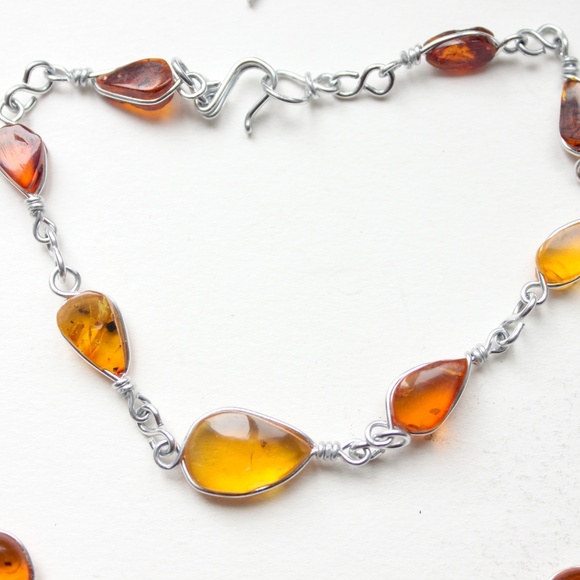 Vintage genuine amber gemstone necklace and bracelet wired set collier bracelet - Picture 7 of 13